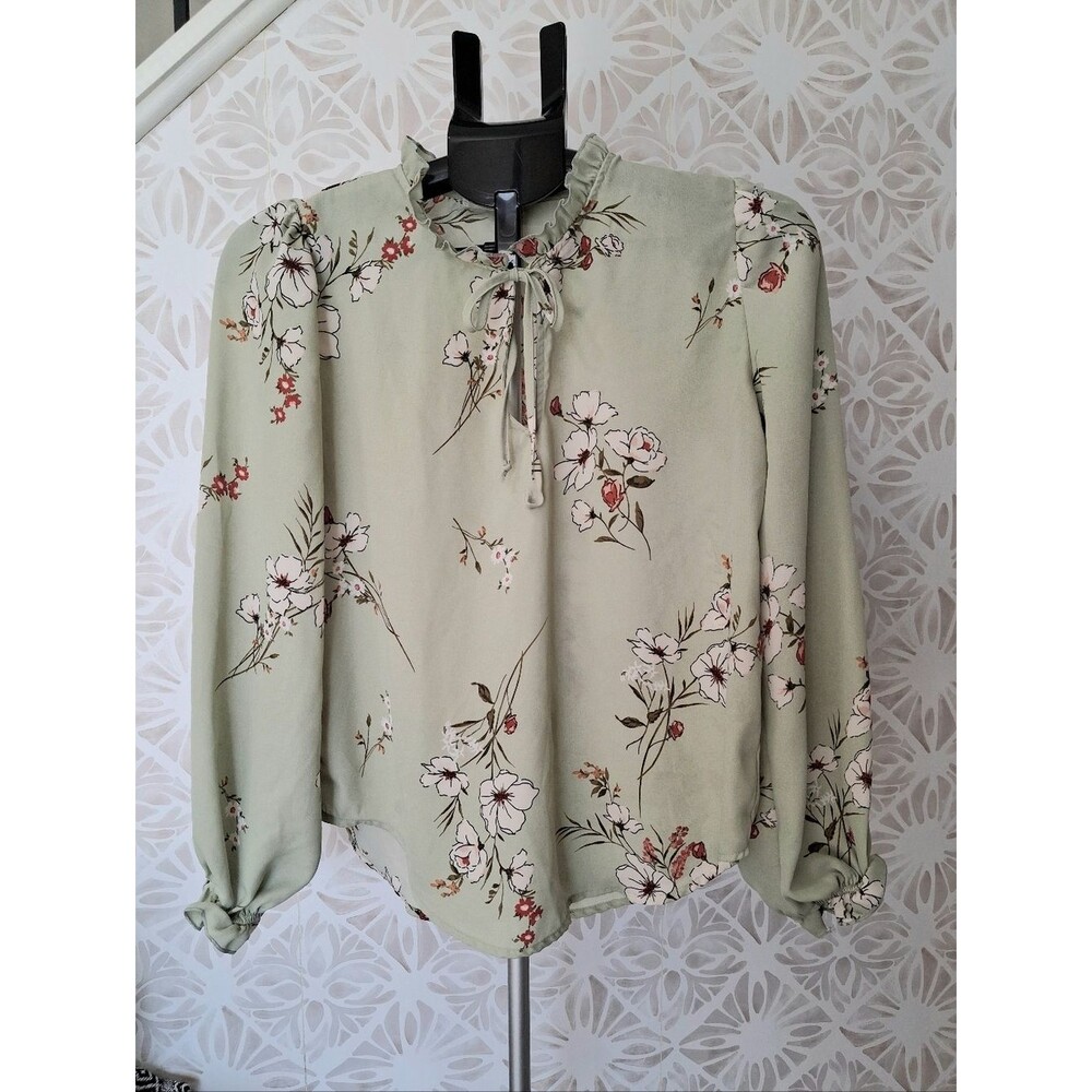 Timing Ruffeled Neck Sage Green Floral Tie-Neck Blouse